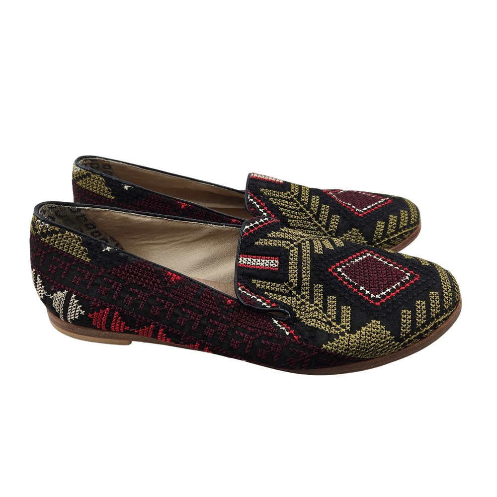Matt Bernson Gitanes Embroidered Loafers Flat Shoes Womens Size 8 Black Red Gold
